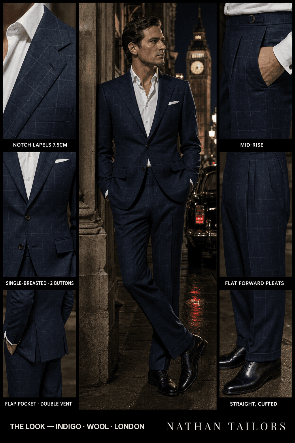 indigo windowpane single-breasted bespoke suit — custom tailored by Nathan Tailors, the Hoi An custom tailor