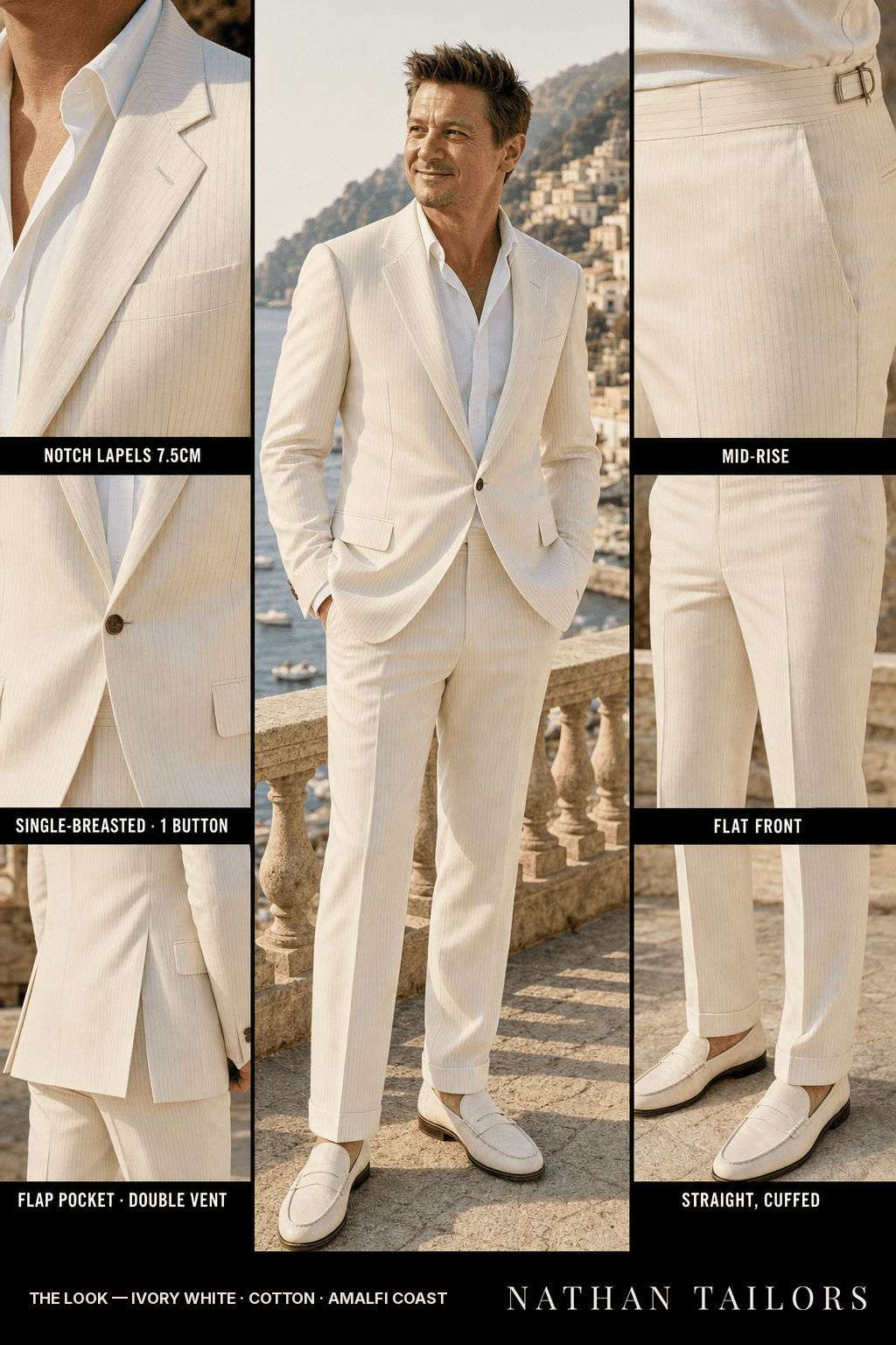 ivory white pinstripe single-breasted bespoke suit — custom tailored by Nathan Tailors, the Hoi An custom tailor