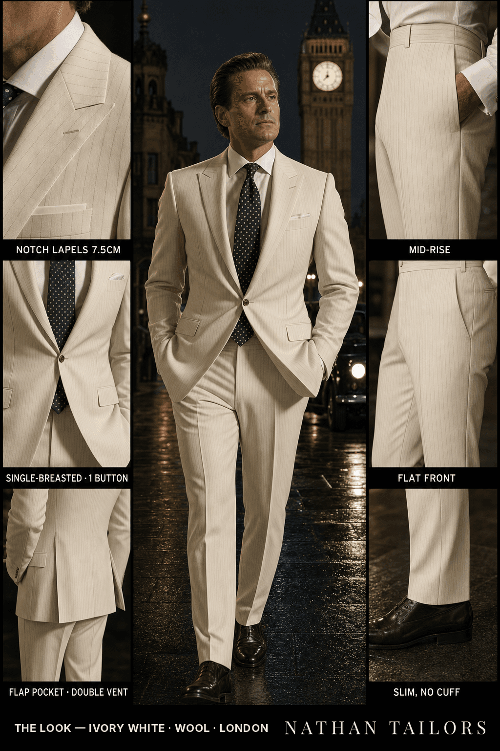 ivory white pinstripe single-breasted notch-lapel bespoke suit — AI-rendered by Nathan Tailors, the Hoi An custom tailor. Available as a custom tailored suit from $149.