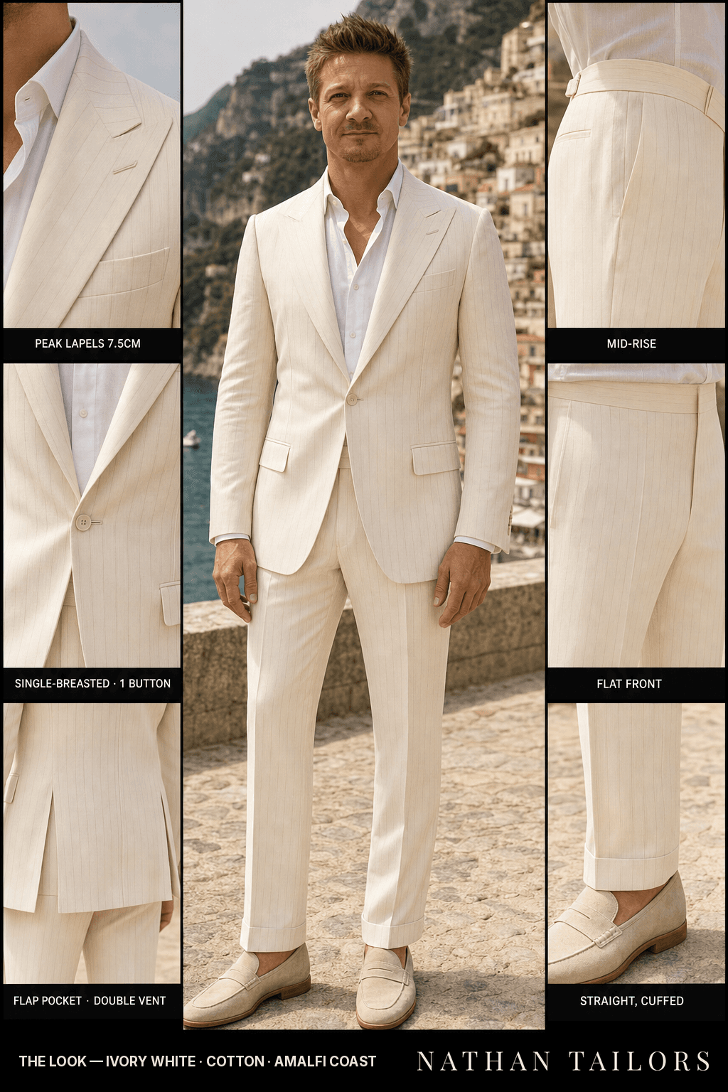 ivory white pinstripe single-breasted bespoke suit — custom tailored by Nathan Tailors, the Hoi An custom tailor