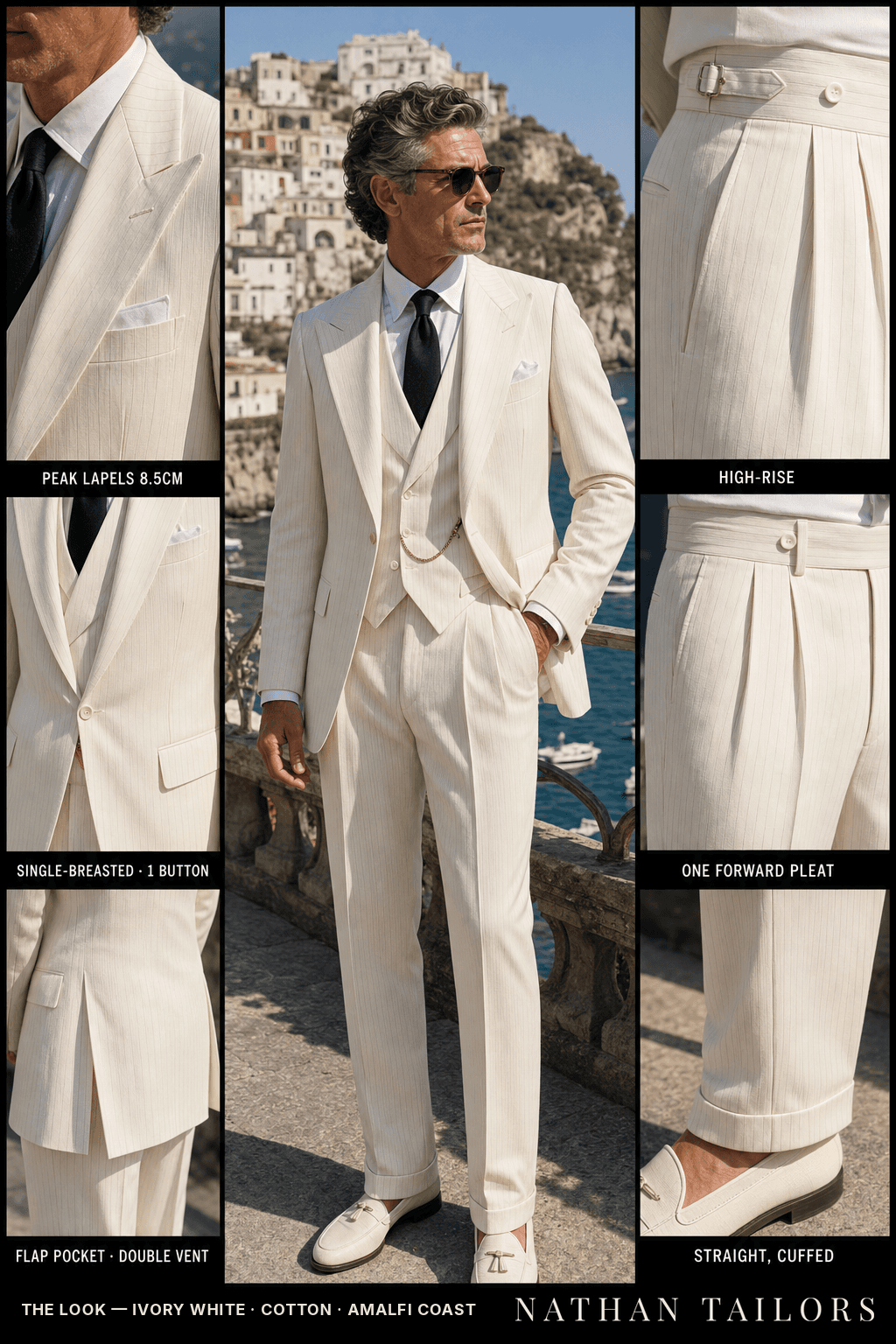ivory white pinstripe single-breasted peak-lapel bespoke suit — AI-rendered by Nathan Tailors, the Hoi An custom tailor. Available as a custom tailored suit from $149.