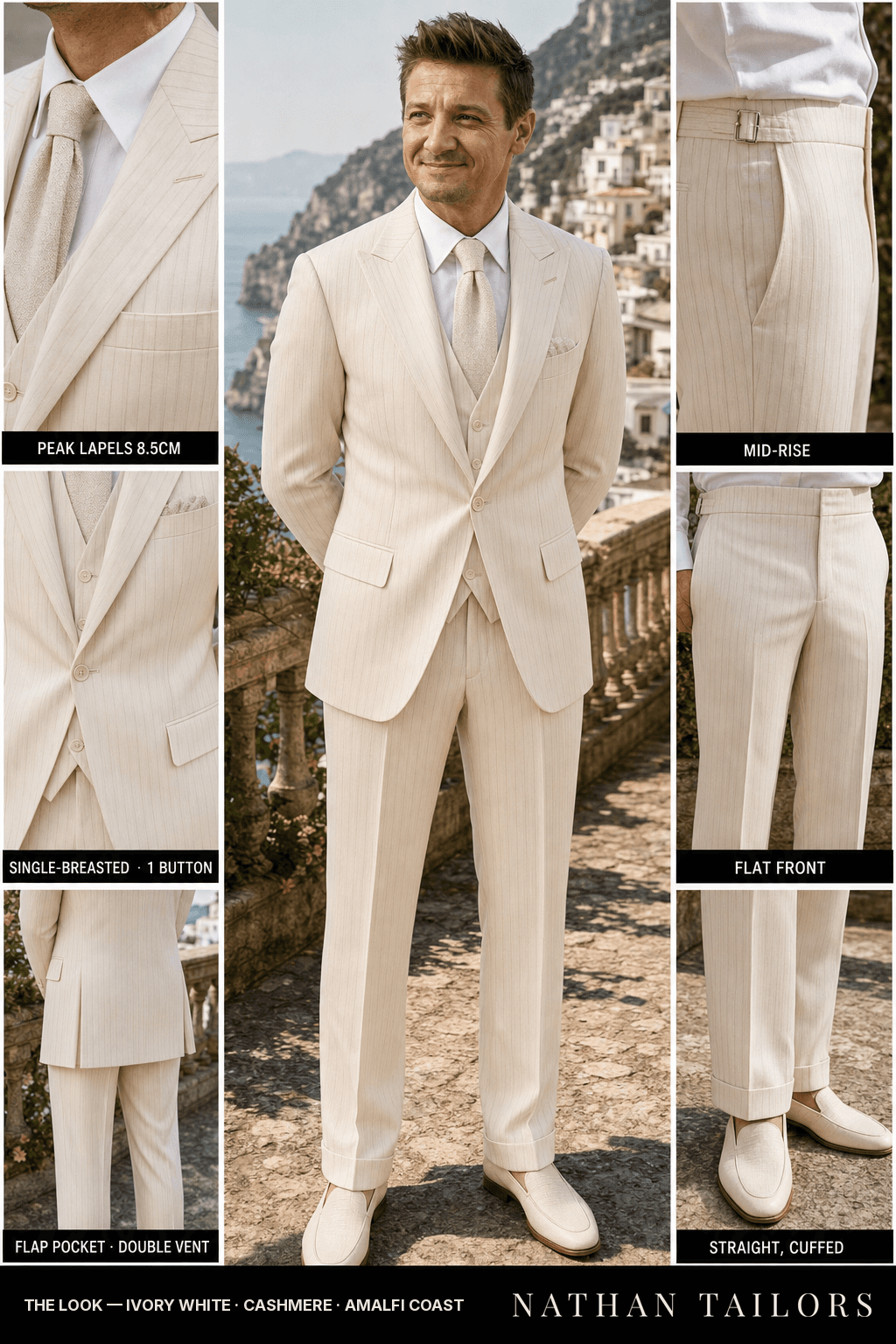 ivory white pinstripe single-breasted bespoke suit — custom tailored by Nathan Tailors, the Hoi An custom tailor
