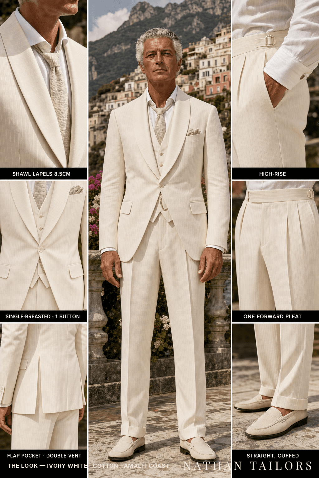 ivory white pinstripe single-breasted bespoke suit — custom tailored by Nathan Tailors, the Hoi An custom tailor