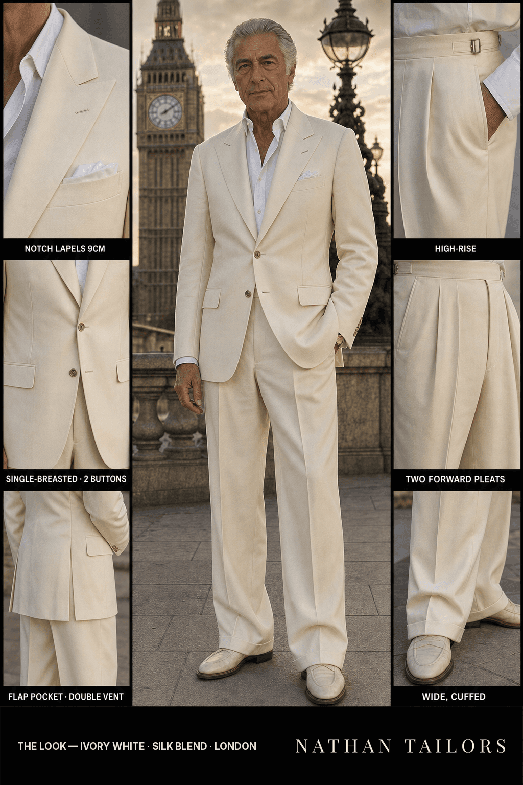 ivory white single-breasted bespoke suit — custom tailored by Nathan Tailors, the Hoi An custom tailor