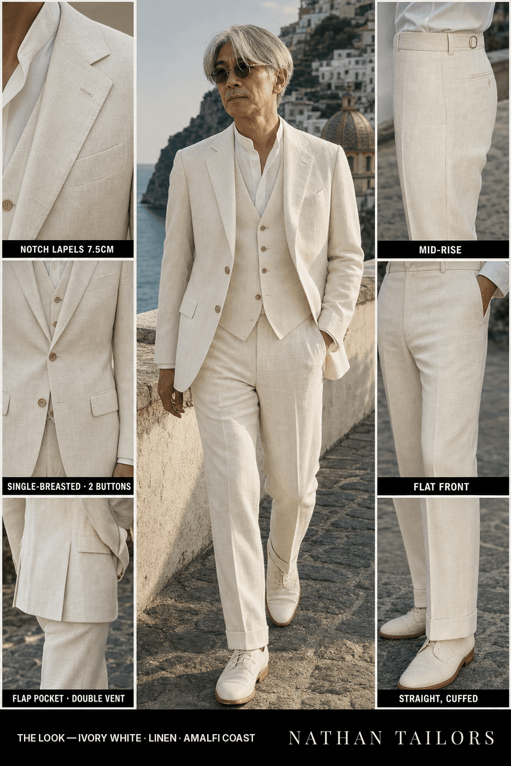ivory white single-breasted notch-lapel bespoke suit — AI-rendered by Nathan Tailors, the Hoi An custom tailor. Available as a custom tailored suit from $149.