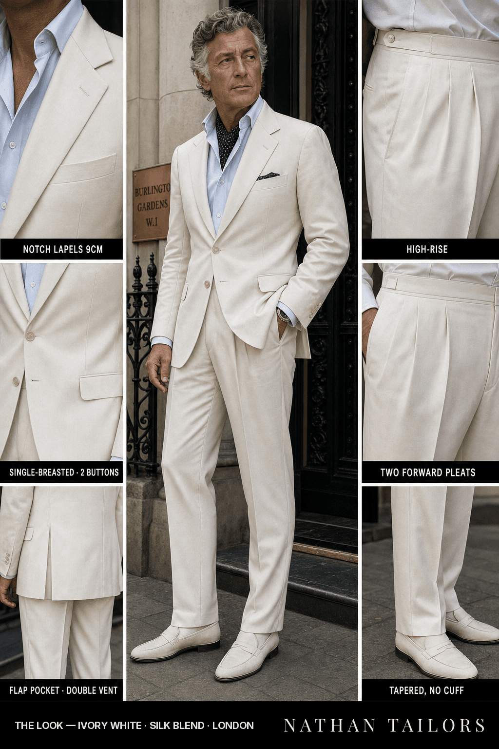 ivory white single-breasted bespoke suit — custom tailored by Nathan Tailors, the Hoi An custom tailor