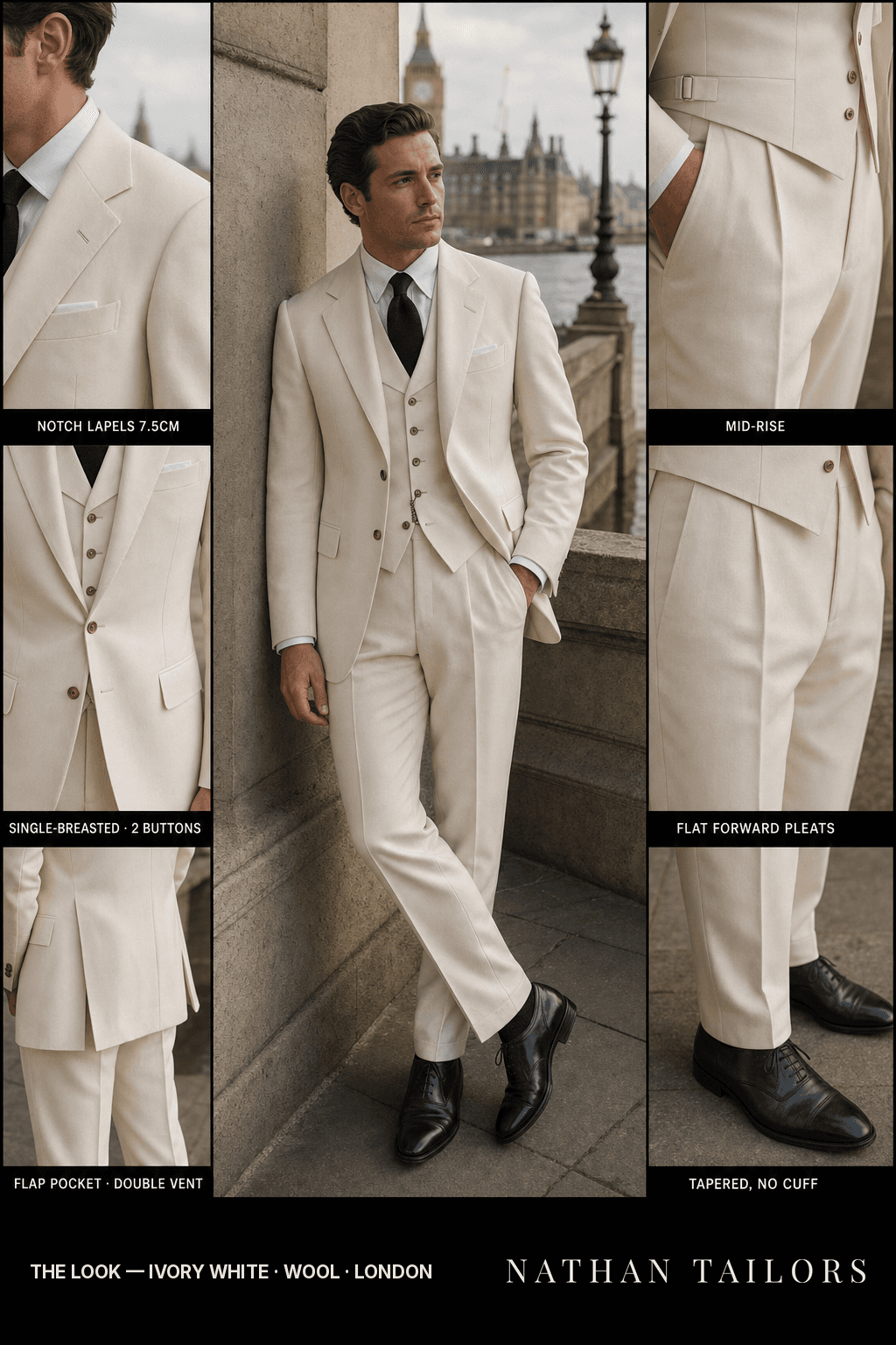 ivory white single-breasted bespoke suit — custom tailored by Nathan Tailors, the Hoi An custom tailor
