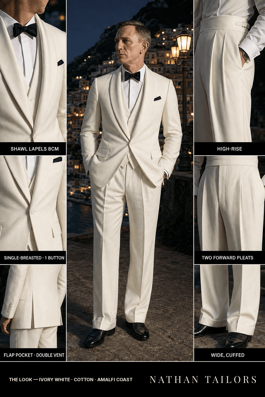 ivory white single-breasted shawl-lapel bespoke suit — AI-rendered by Nathan Tailors, the Hoi An custom tailor. Available as a custom tailored suit from $149.