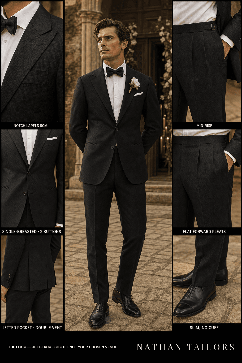 jet black birdseye single-breasted notch-lapel bespoke suit — AI-rendered by Nathan Tailors, the Hoi An custom tailor. Available as a custom tailored suit from $149.