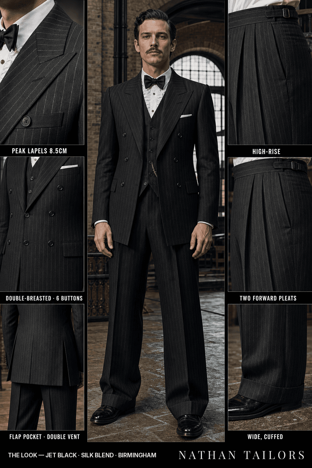 jet black chalk_stripe double-breasted bespoke suit — custom tailored by Nathan Tailors, the Hoi An custom tailor