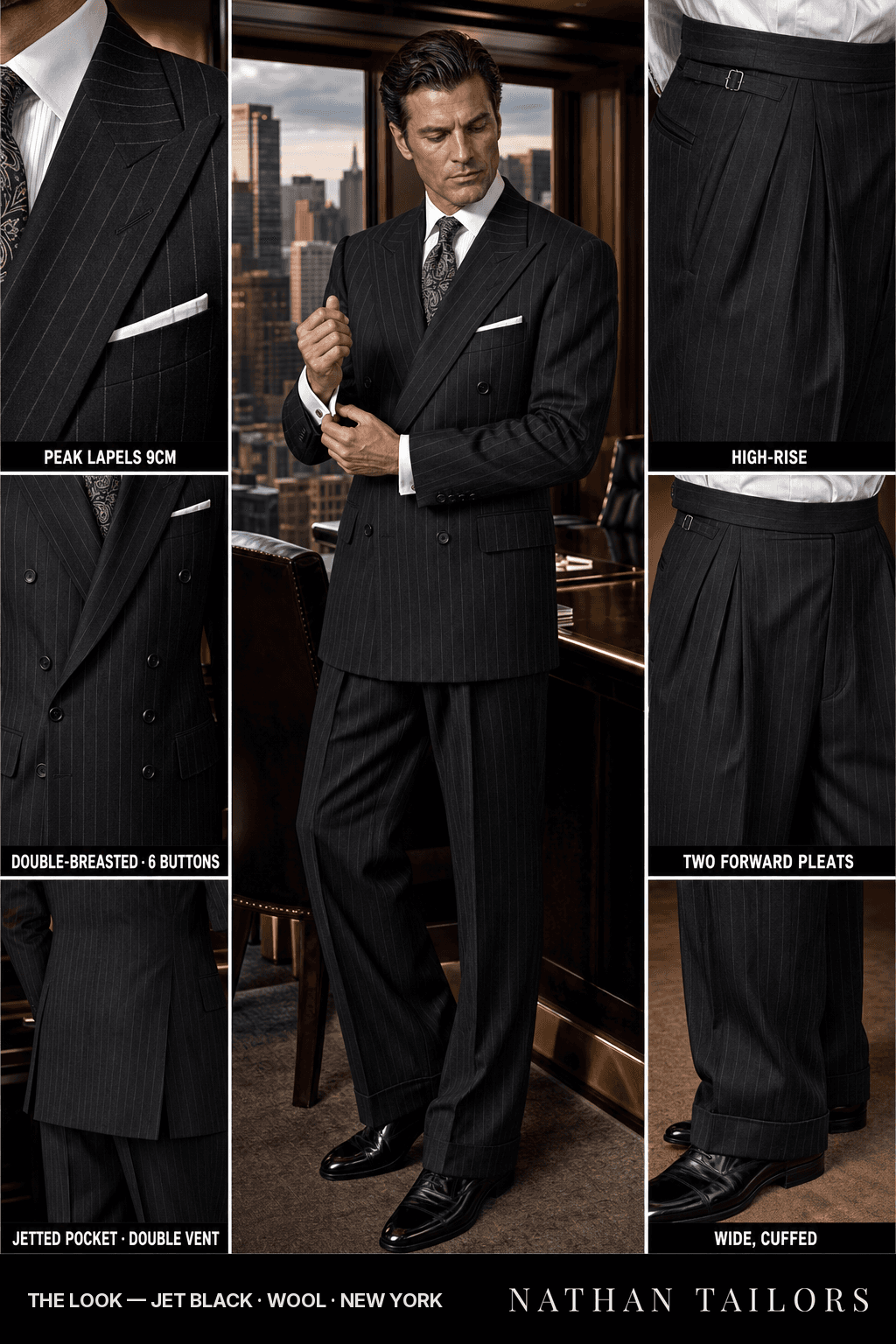 jet black chalk_stripe double-breasted bespoke suit — custom tailored by Nathan Tailors, the Hoi An custom tailor