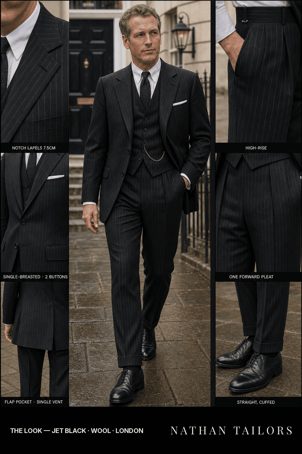 jet black single-breasted suit — Nathan Tailors Hoi An tailor Atelier render