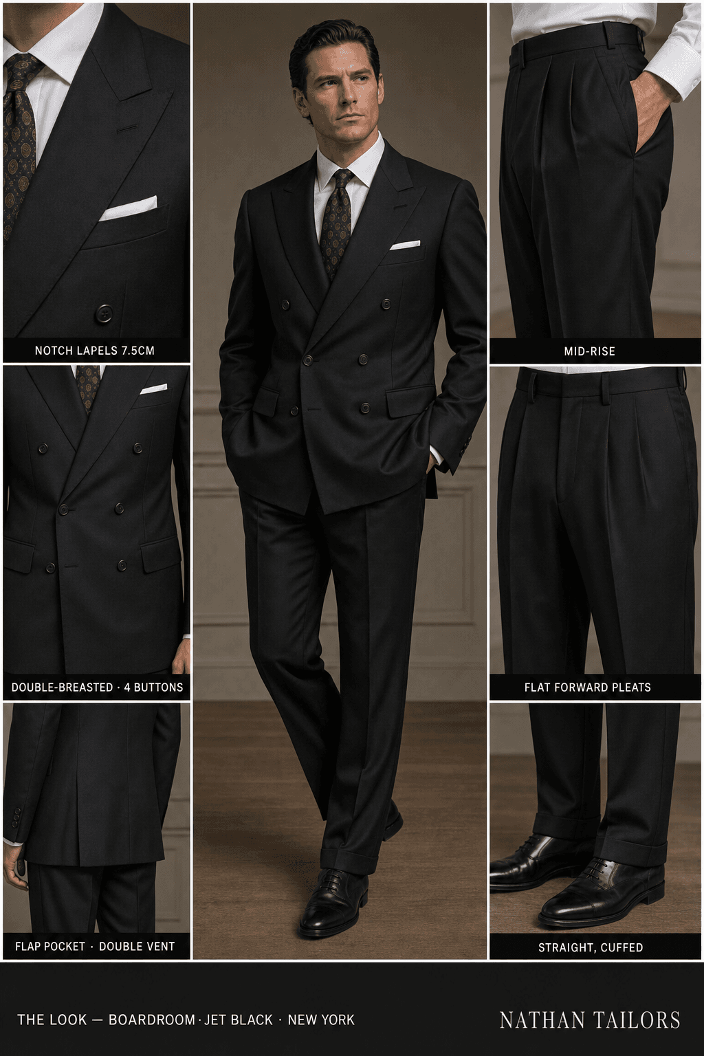 jet black double-breasted notch-lapel bespoke suit — AI-rendered by Nathan Tailors, the Hoi An custom tailor. Available as a custom tailored suit from $129.