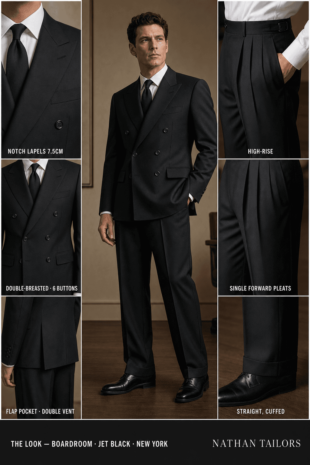 jet black double-breasted notch-lapel bespoke suit — AI-rendered by Nathan Tailors, the Hoi An custom tailor. Available as a custom tailored suit from $129.