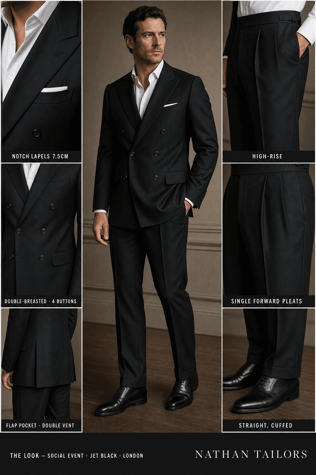 jet black double-breasted bespoke suit — custom tailored by Nathan Tailors, the Hoi An custom tailor