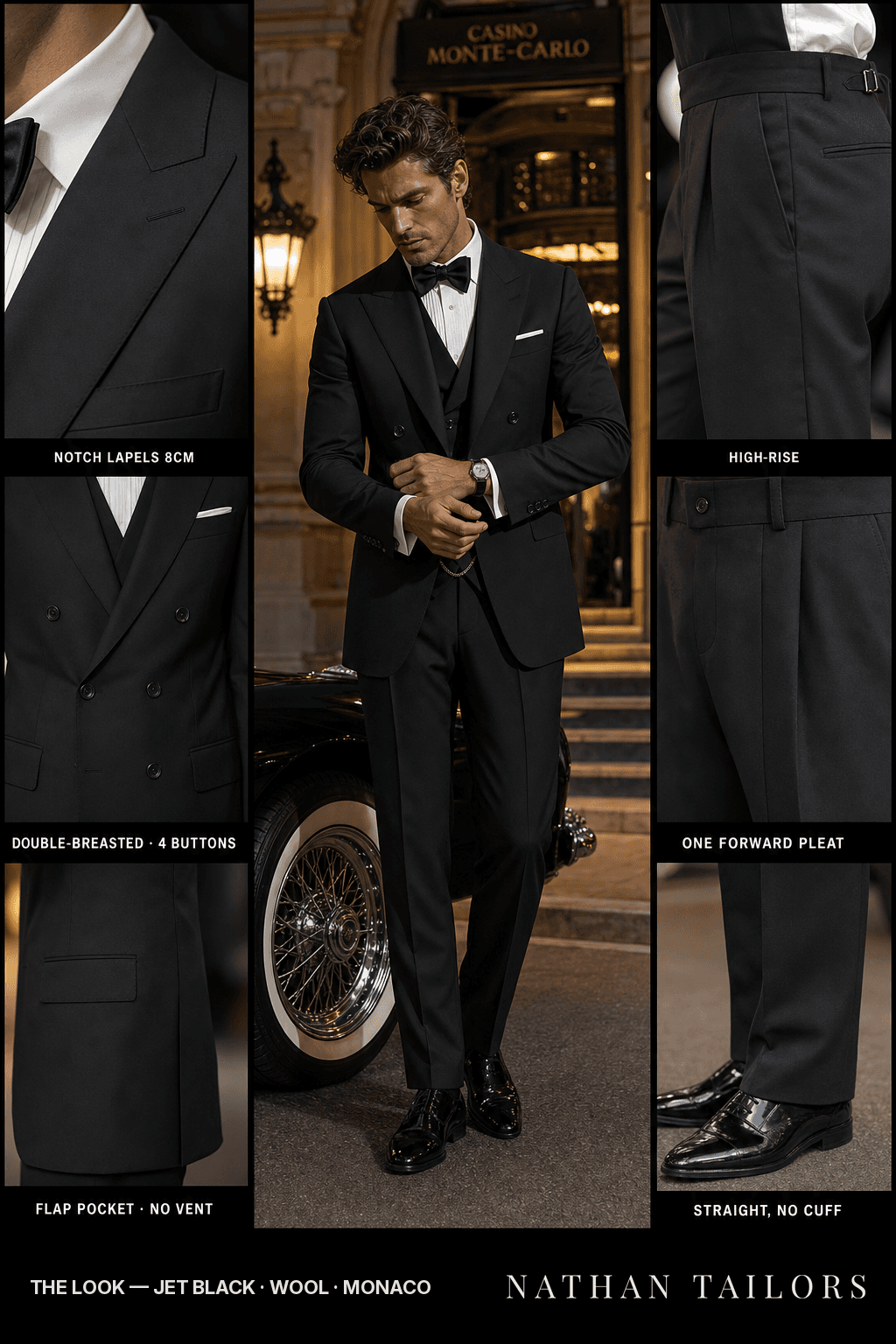jet black double-breasted notch-lapel bespoke suit — AI-rendered by Nathan Tailors, the Hoi An custom tailor. Available as a custom tailored suit from $149.