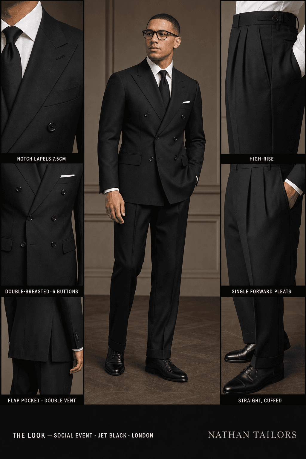 jet black double-breasted bespoke suit — custom tailored by Nathan Tailors, the Hoi An custom tailor
