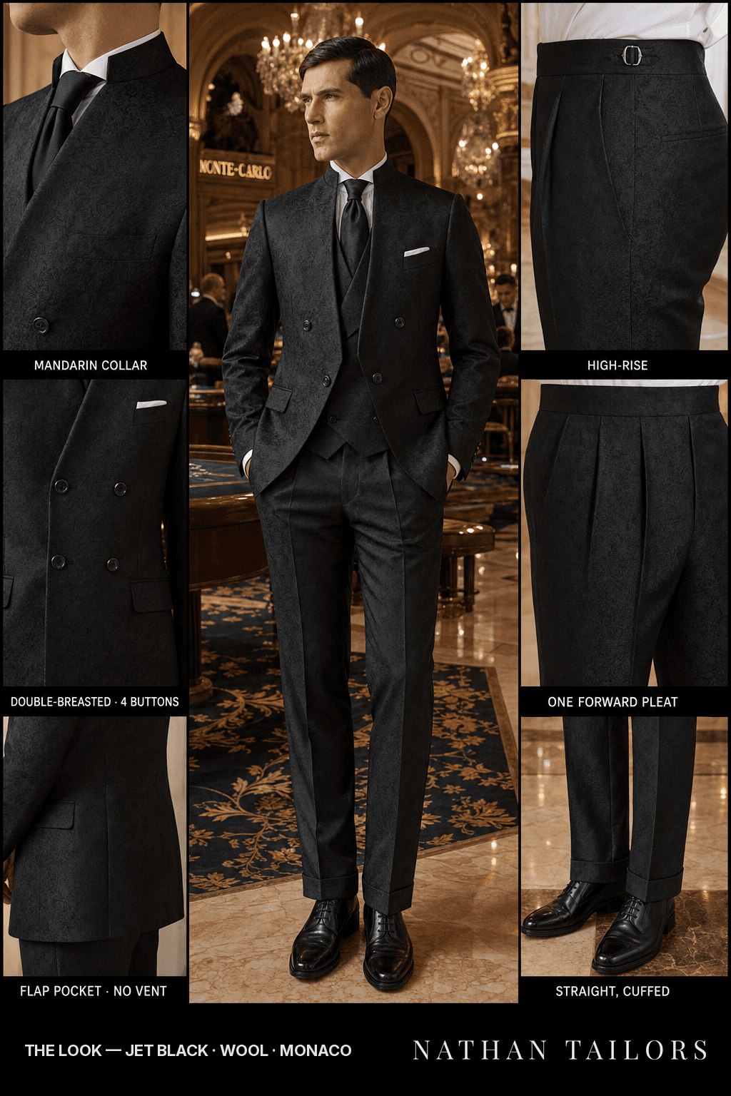 jet black double-breasted bespoke suit — custom tailored by Nathan Tailors, the Hoi An custom tailor