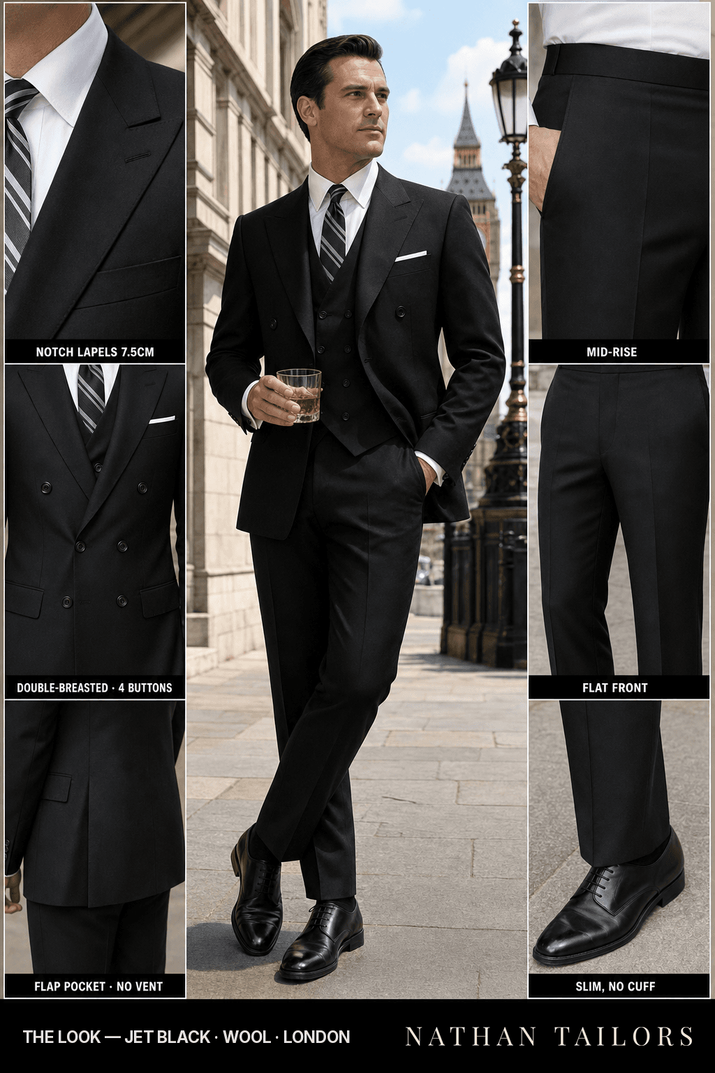 jet black double-breasted notch-lapel bespoke suit — AI-rendered by Nathan Tailors, the Hoi An custom tailor. Available as a custom tailored suit from $149.