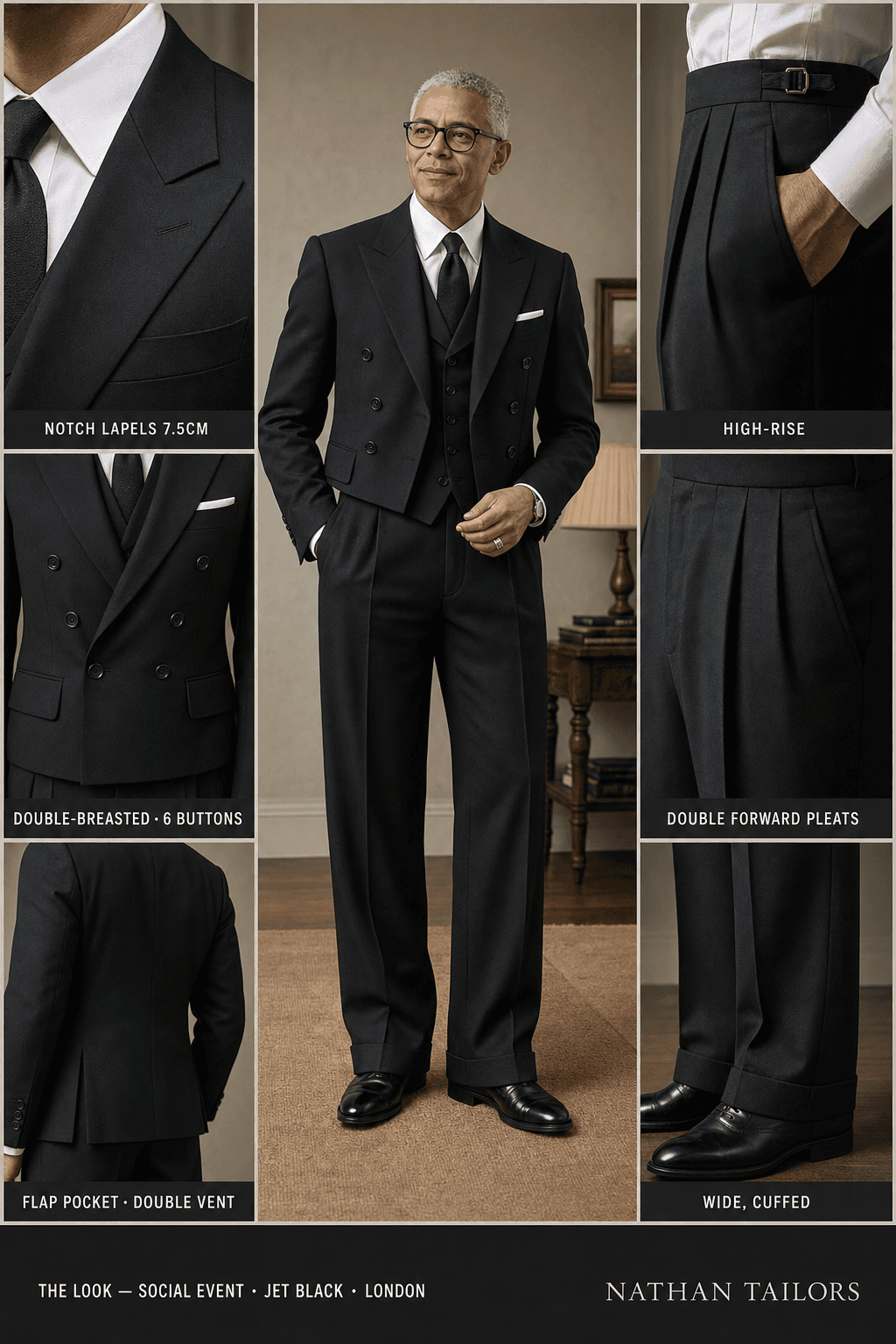 jet black double-breasted bespoke suit — custom tailored by Nathan Tailors, the Hoi An custom tailor