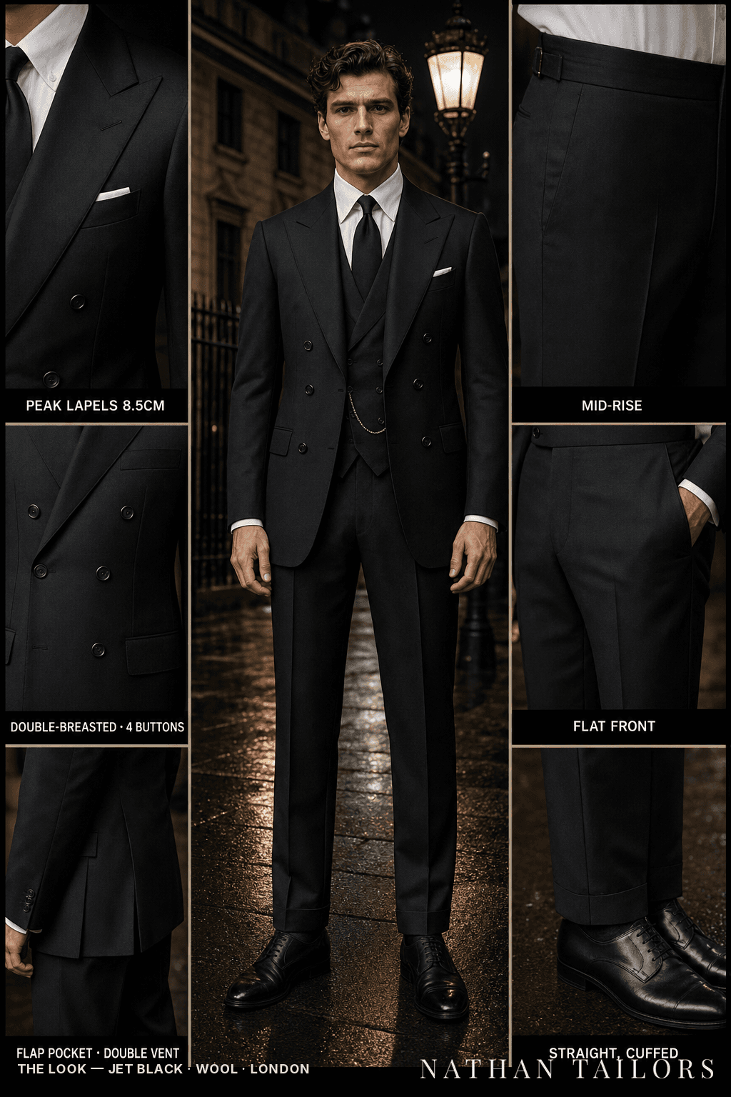jet black double-breasted bespoke suit — custom tailored by Nathan Tailors, the Hoi An custom tailor