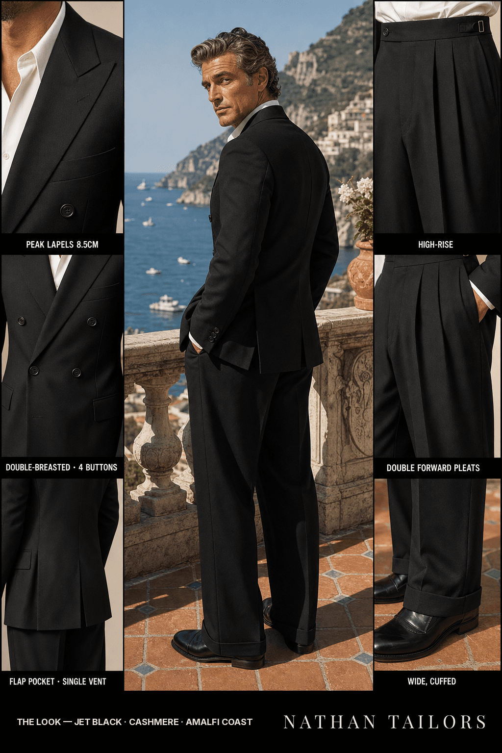 jet black double-breasted peak-lapel bespoke suit — AI-rendered by Nathan Tailors, the Hoi An custom tailor. Available as a custom tailored suit from $149.