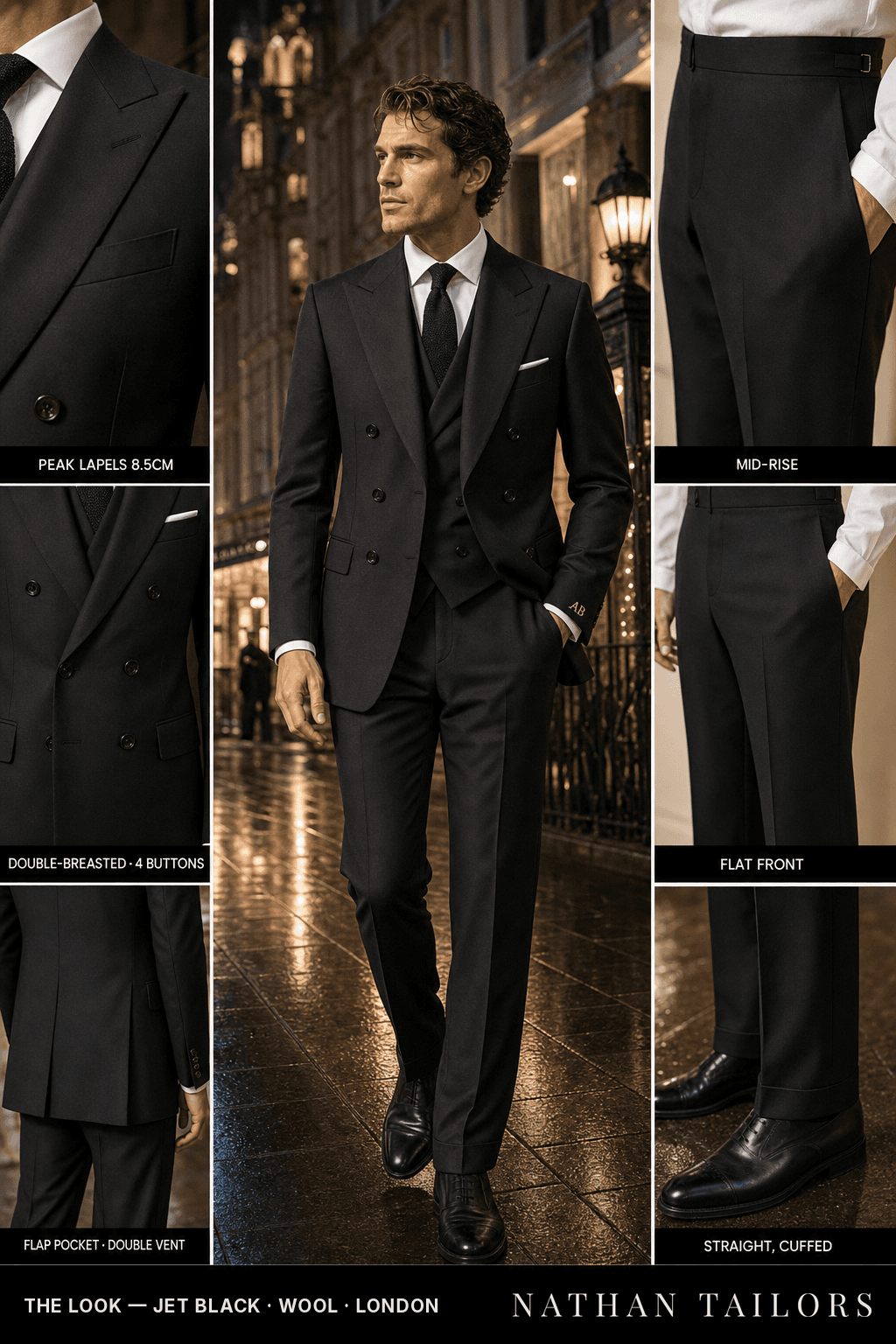 jet black double-breasted bespoke suit — custom tailored by Nathan Tailors, the Hoi An custom tailor