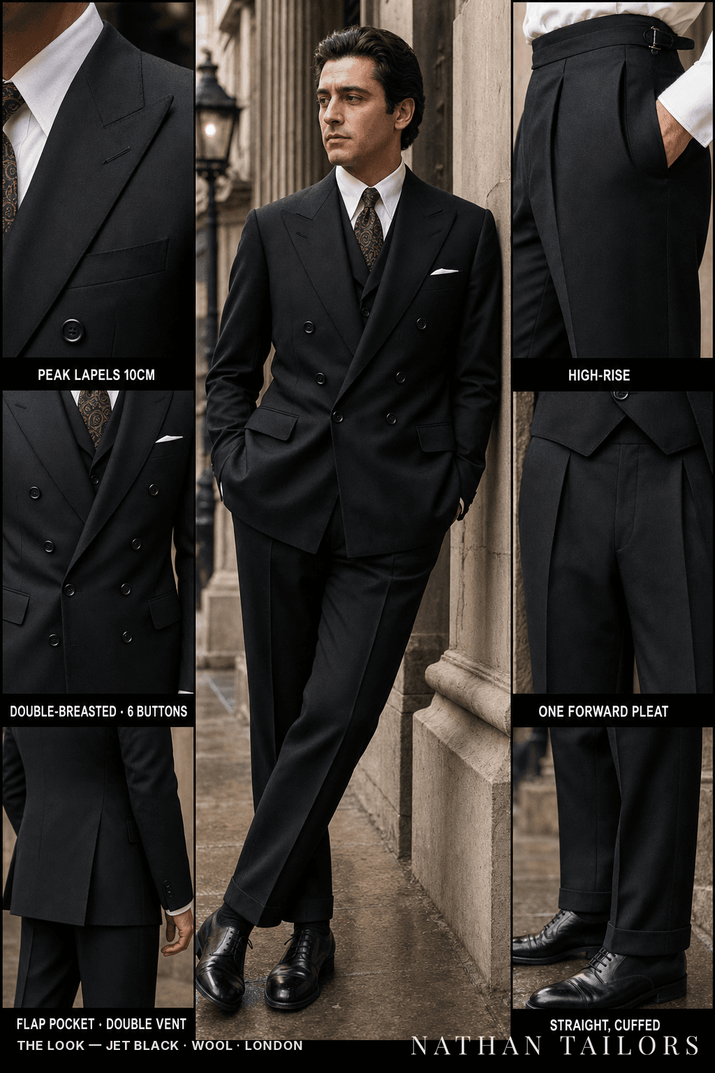jet black double-breasted bespoke suit — custom tailored by Nathan Tailors, the Hoi An custom tailor