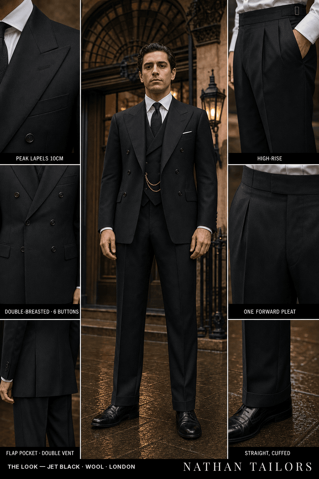 jet black double-breasted bespoke suit — custom tailored by Nathan Tailors, the Hoi An custom tailor