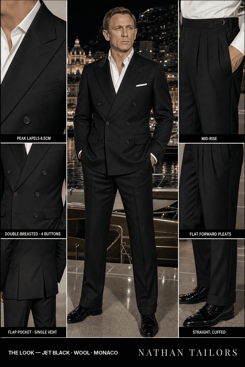 jet black double-breasted bespoke suit — custom tailored by Nathan Tailors, the Hoi An custom tailor