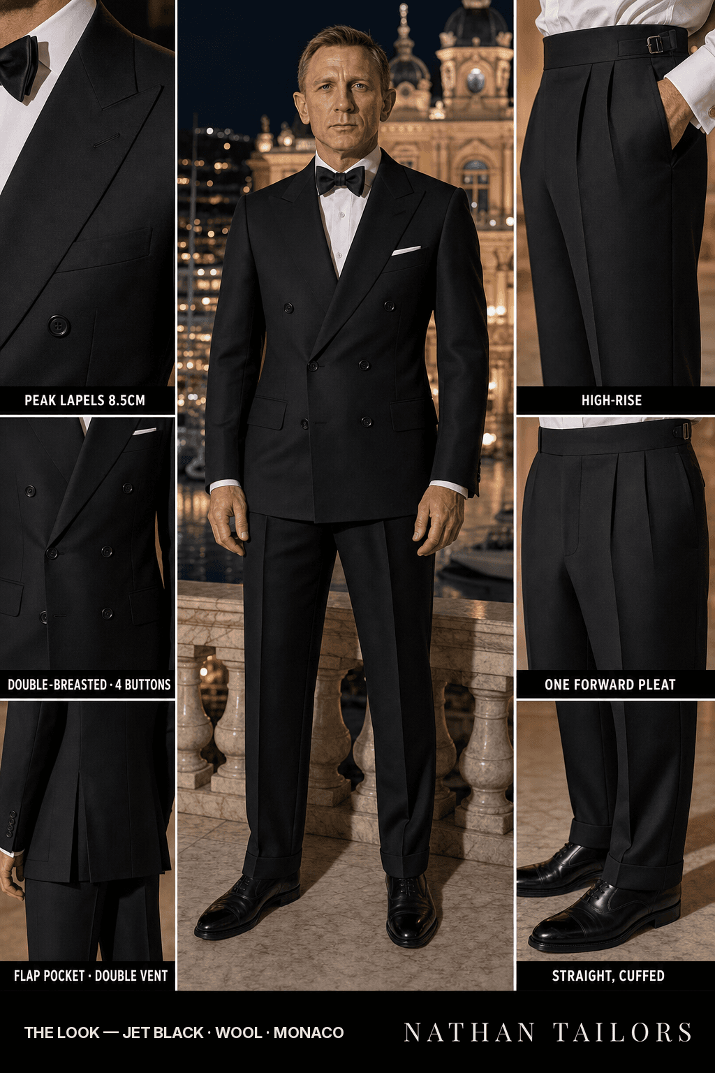 jet black double-breasted bespoke suit — custom tailored by Nathan Tailors, the Hoi An custom tailor