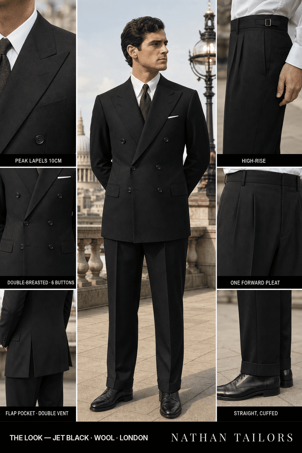 jet black double-breasted bespoke suit — custom tailored by Nathan Tailors, the Hoi An custom tailor