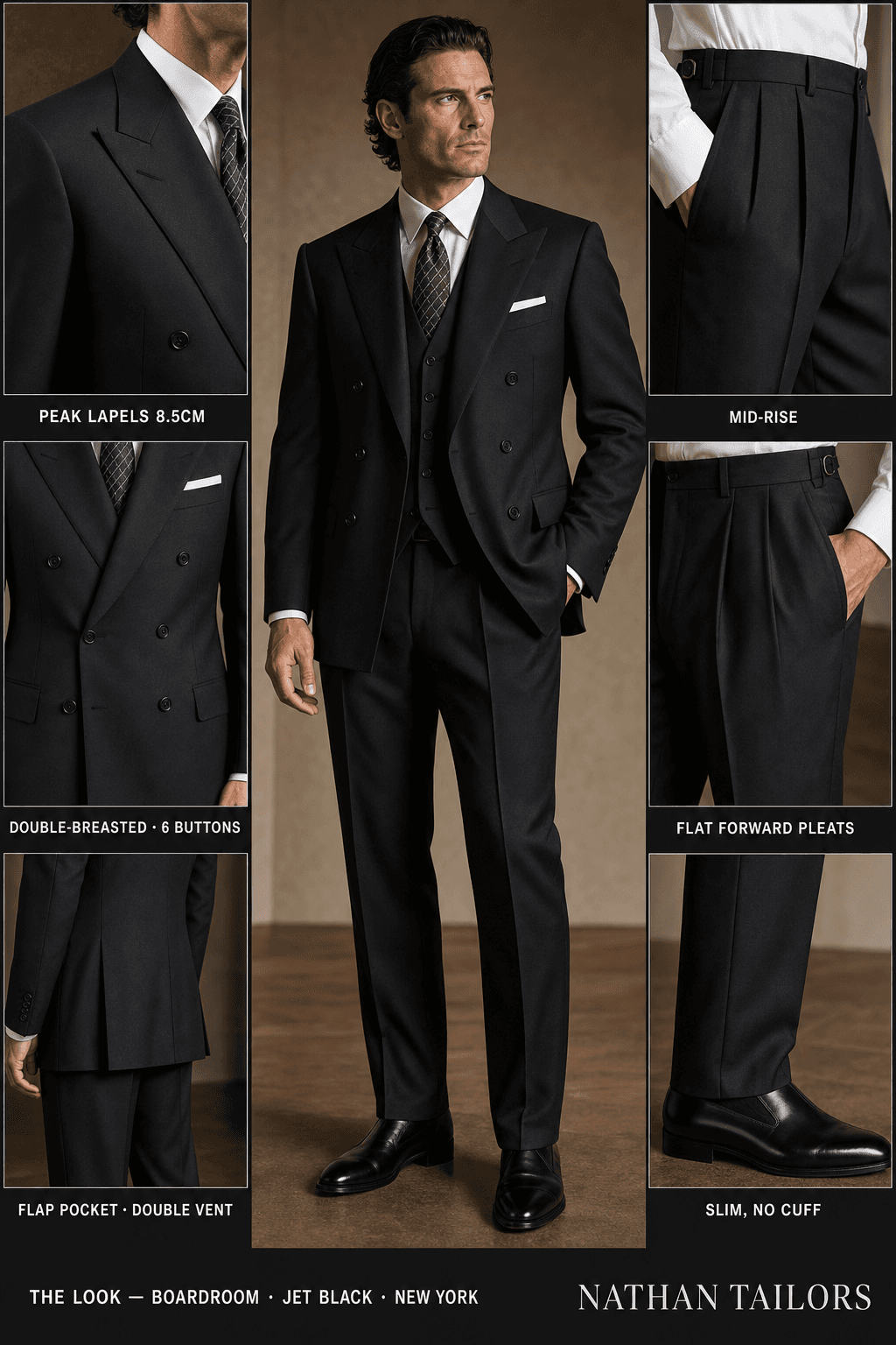 jet black double-breasted peak-lapel bespoke suit — AI-rendered by Nathan Tailors, the Hoi An custom tailor. Available as a custom tailored suit from $129.