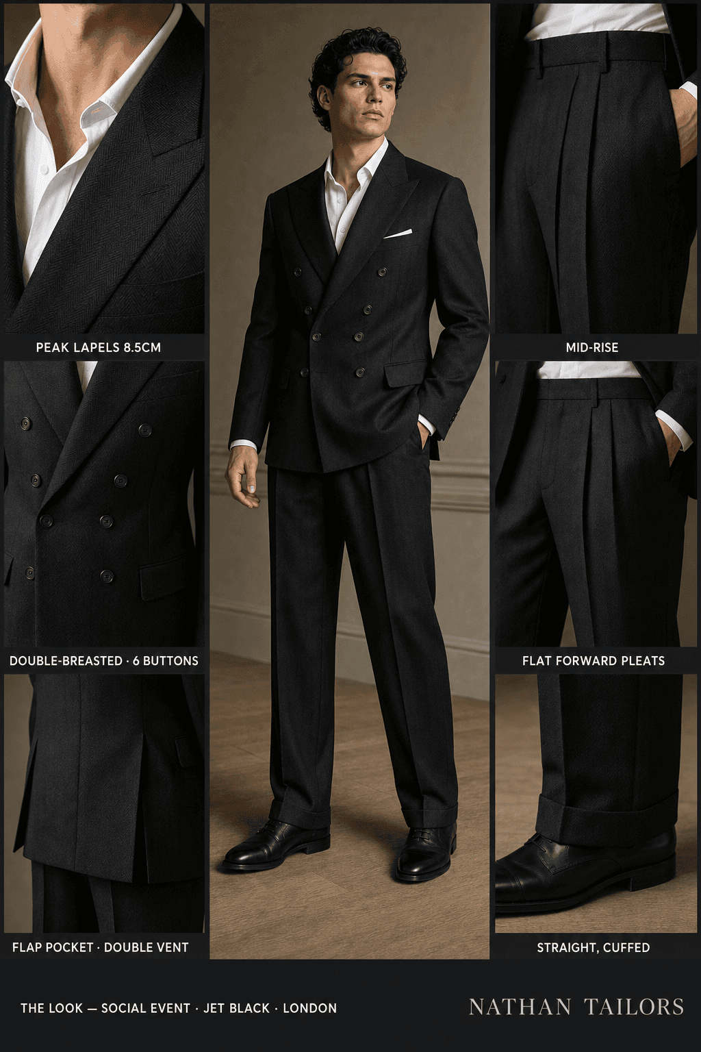 jet black herringbone double-breasted bespoke suit — custom tailored by Nathan Tailors, the Hoi An custom tailor