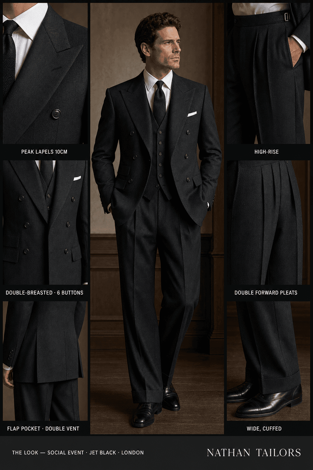 jet black herringbone double-breasted bespoke suit — custom tailored by Nathan Tailors, the Hoi An custom tailor