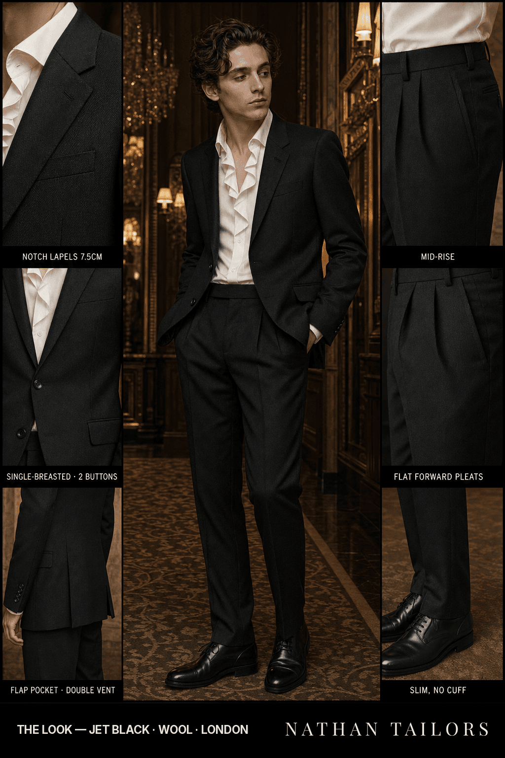 jet black herringbone single-breasted notch-lapel bespoke suit — AI-rendered by Nathan Tailors, the Hoi An custom tailor. Available as a custom tailored suit from $149.