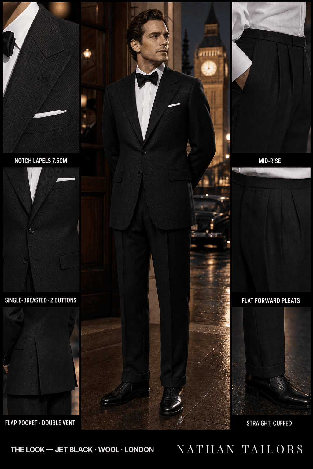 jet black herringbone single-breasted notch-lapel bespoke suit — AI-rendered by Nathan Tailors, the Hoi An custom tailor. Available as a custom tailored suit from $149.