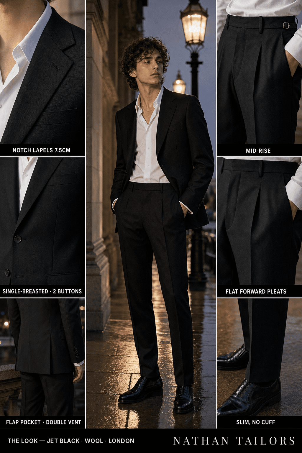 jet black herringbone single-breasted notch-lapel bespoke suit — AI-rendered by Nathan Tailors, the Hoi An custom tailor. Available as a custom tailored suit from $149.