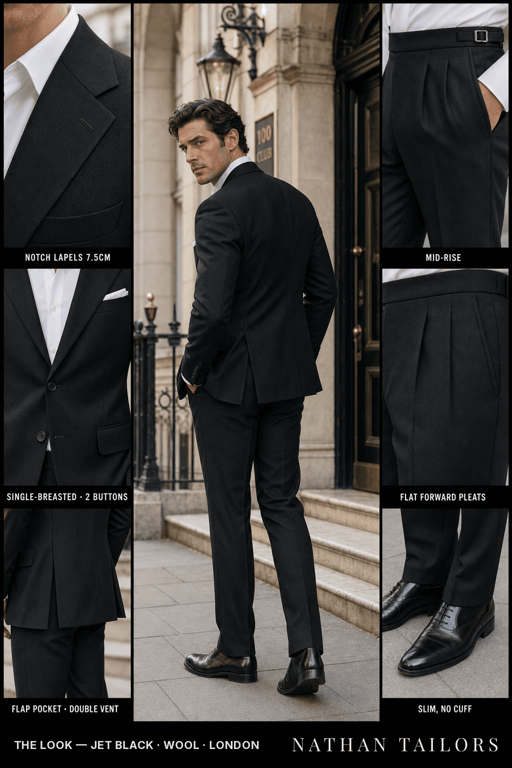 jet black herringbone single-breasted notch-lapel bespoke suit — AI-rendered by Nathan Tailors, the Hoi An custom tailor. Available as a custom tailored suit from $149.