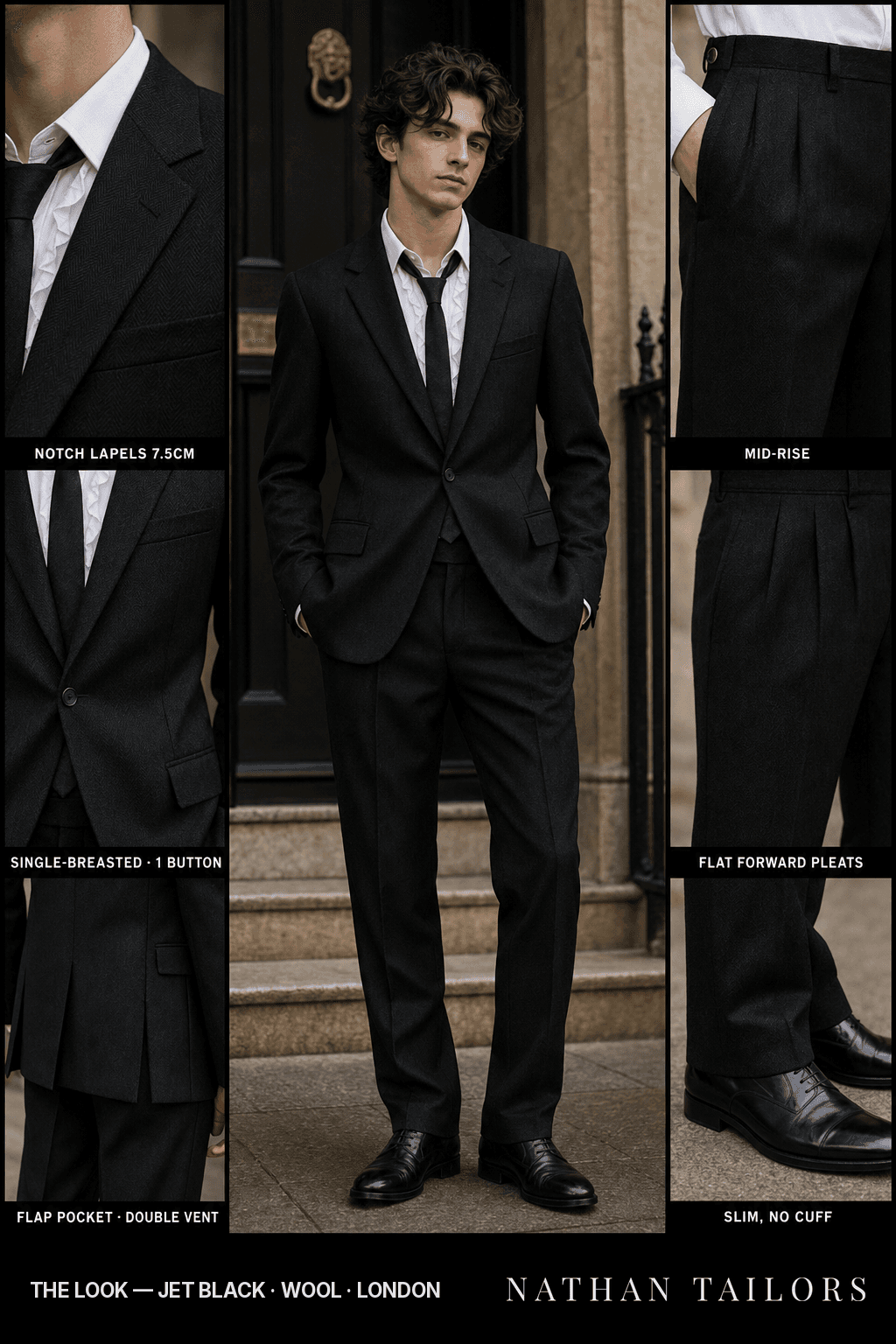 jet black herringbone single-breasted notch-lapel bespoke suit — AI-rendered by Nathan Tailors, the Hoi An custom tailor. Available as a custom tailored suit from $149.