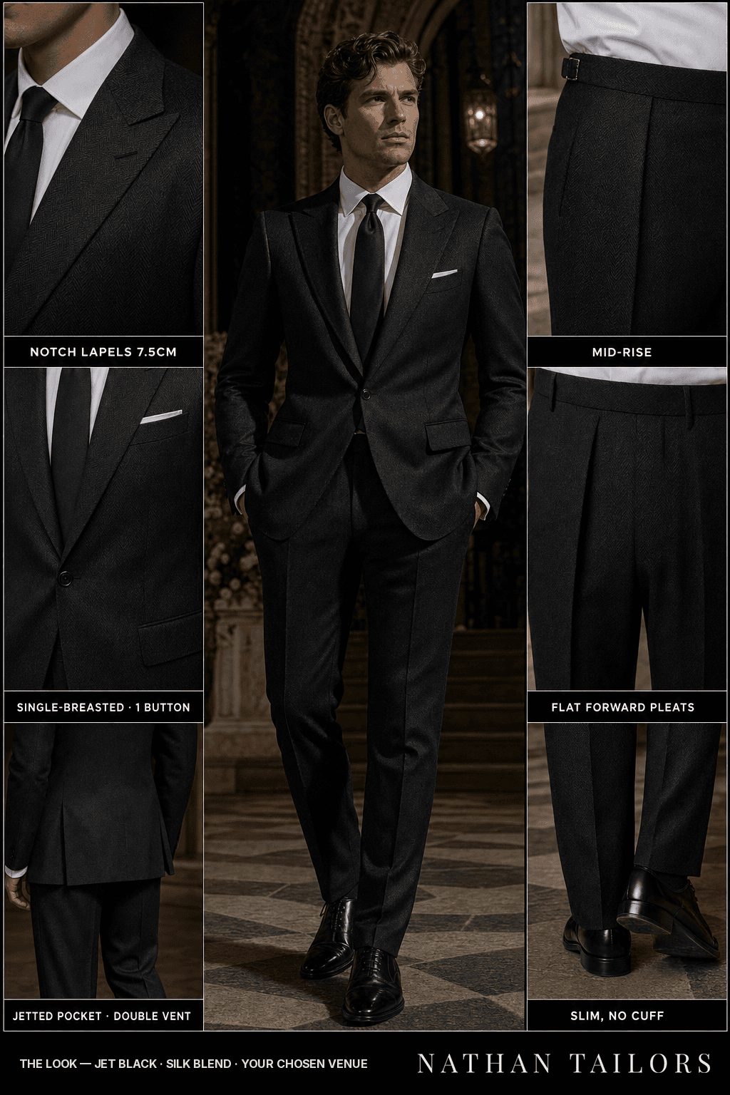 jet black herringbone single-breasted bespoke suit — custom tailored by Nathan Tailors, the Hoi An custom tailor