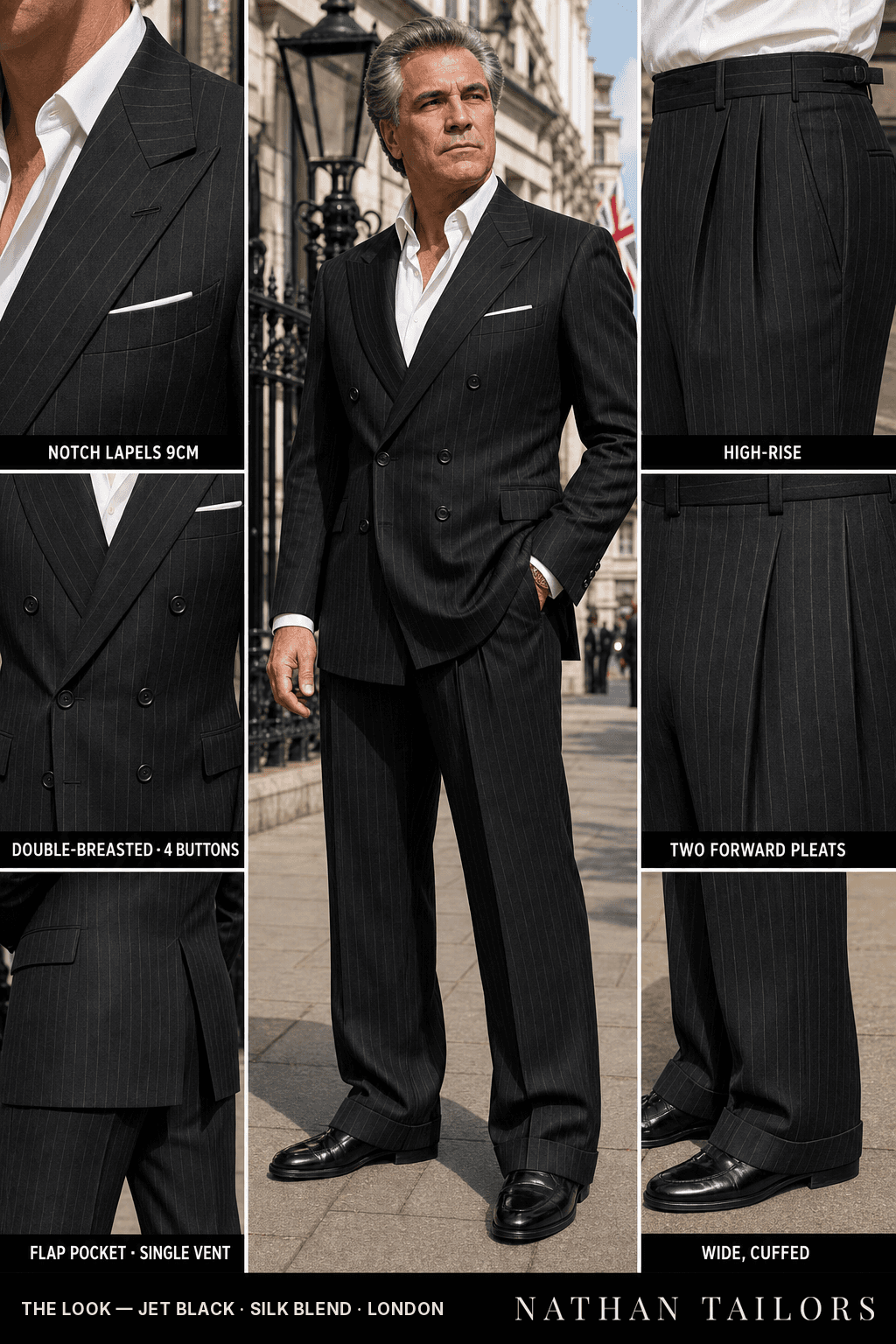 jet black pinstripe double-breasted bespoke suit — custom tailored by Nathan Tailors, the Hoi An custom tailor