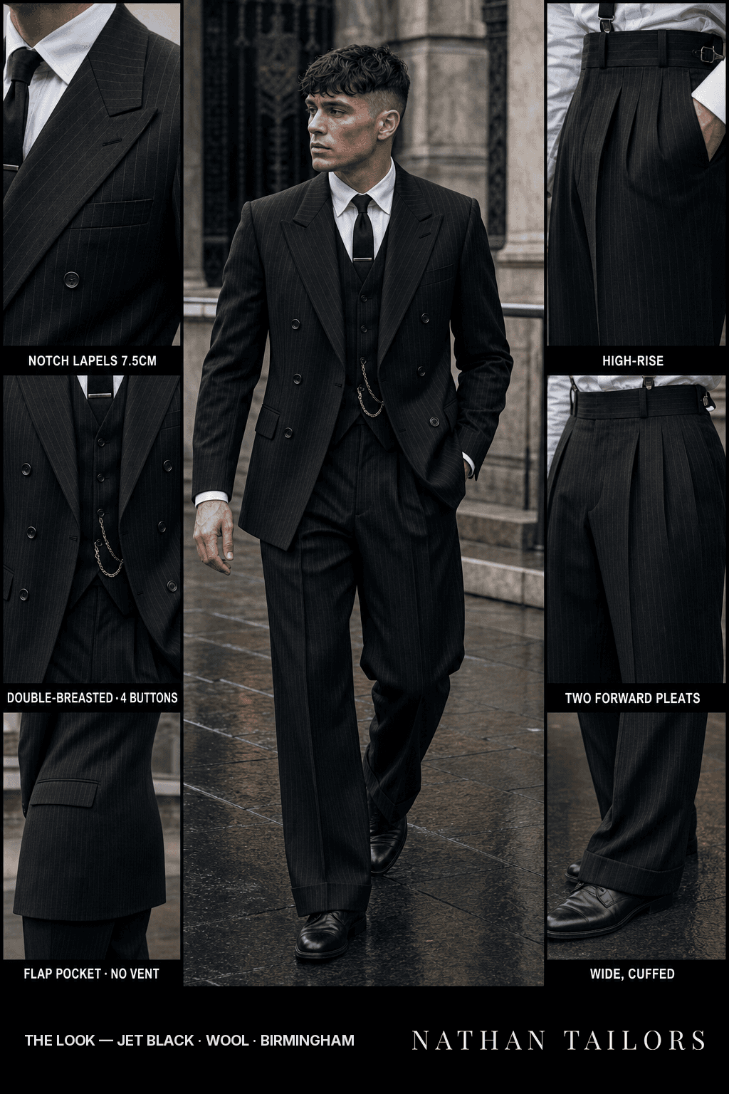 jet black pinstripe double-breasted notch-lapel bespoke suit — AI-rendered by Nathan Tailors, the Hoi An custom tailor. Available as a custom tailored suit from $149.