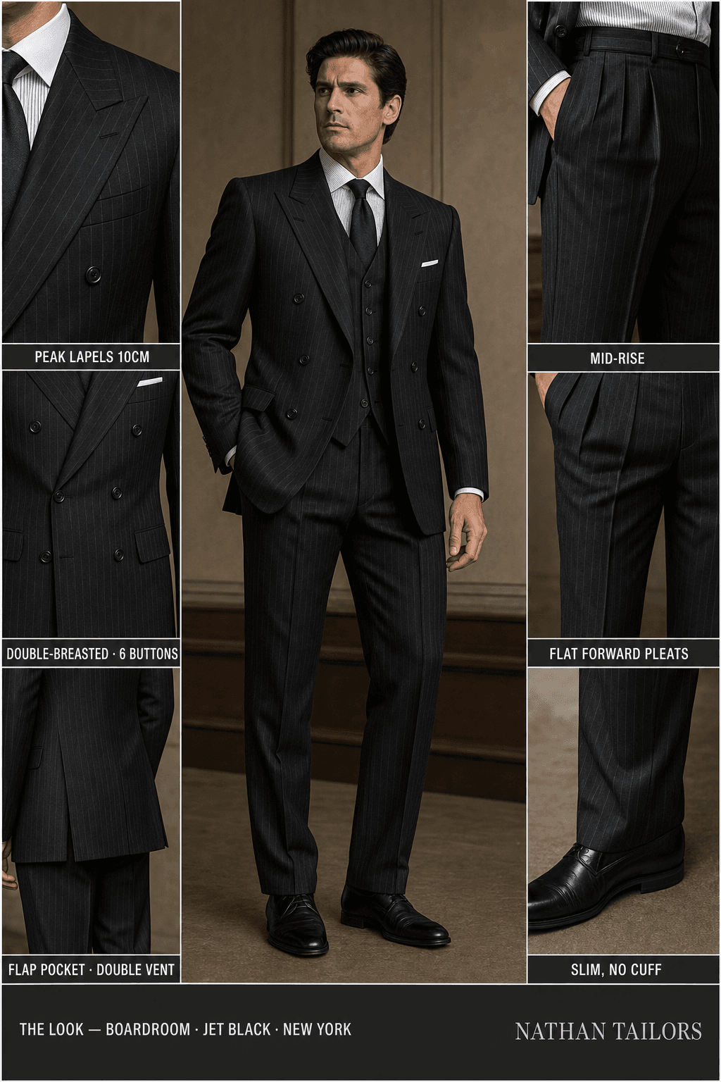 jet black pinstripe double-breasted bespoke suit — custom tailored by Nathan Tailors, the Hoi An custom tailor