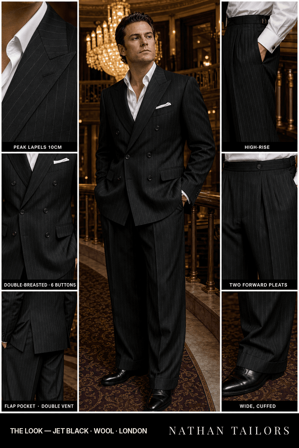 jet black pinstripe double-breasted bespoke suit — custom tailored by Nathan Tailors, the Hoi An custom tailor