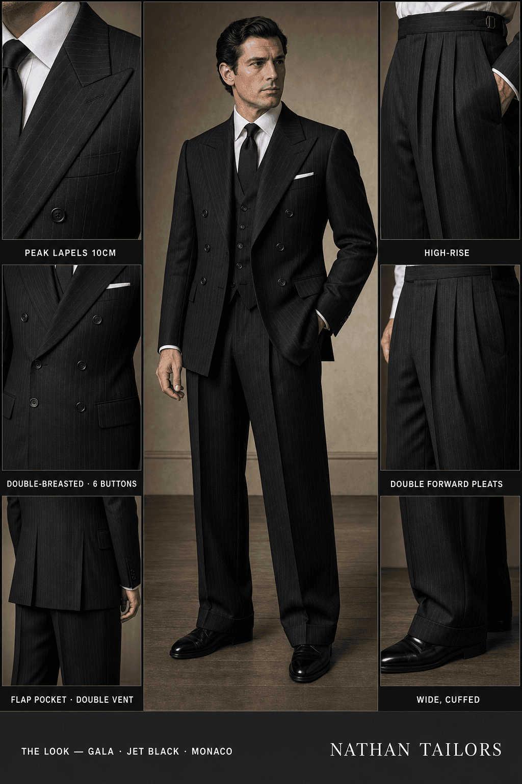 jet black pinstripe double-breasted peak-lapel bespoke suit — AI-rendered by Nathan Tailors, the Hoi An custom tailor. Available as a custom tailored suit from $129.