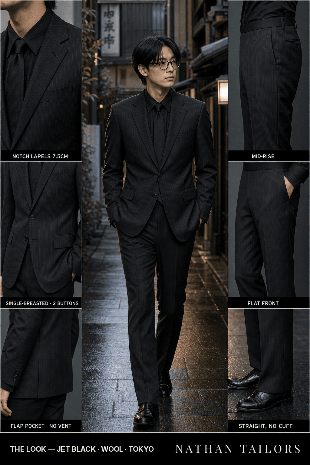 jet black pinstripe single-breasted bespoke suit — custom tailored by Nathan Tailors, the Hoi An custom tailor