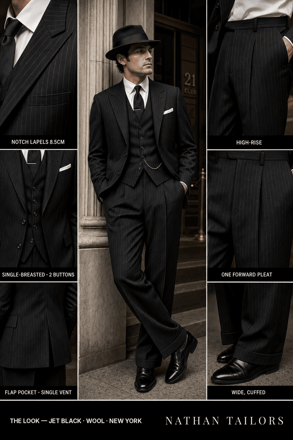 jet black pinstripe single-breasted bespoke suit — custom tailored by Nathan Tailors, the Hoi An custom tailor