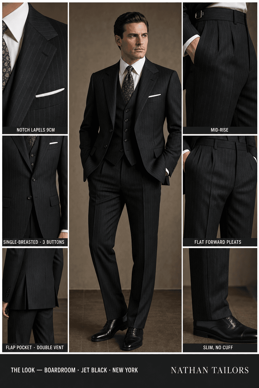jet black pinstripe single-breasted notch-lapel bespoke suit — AI-rendered by Nathan Tailors, the Hoi An custom tailor. Available as a custom tailored suit from $129.