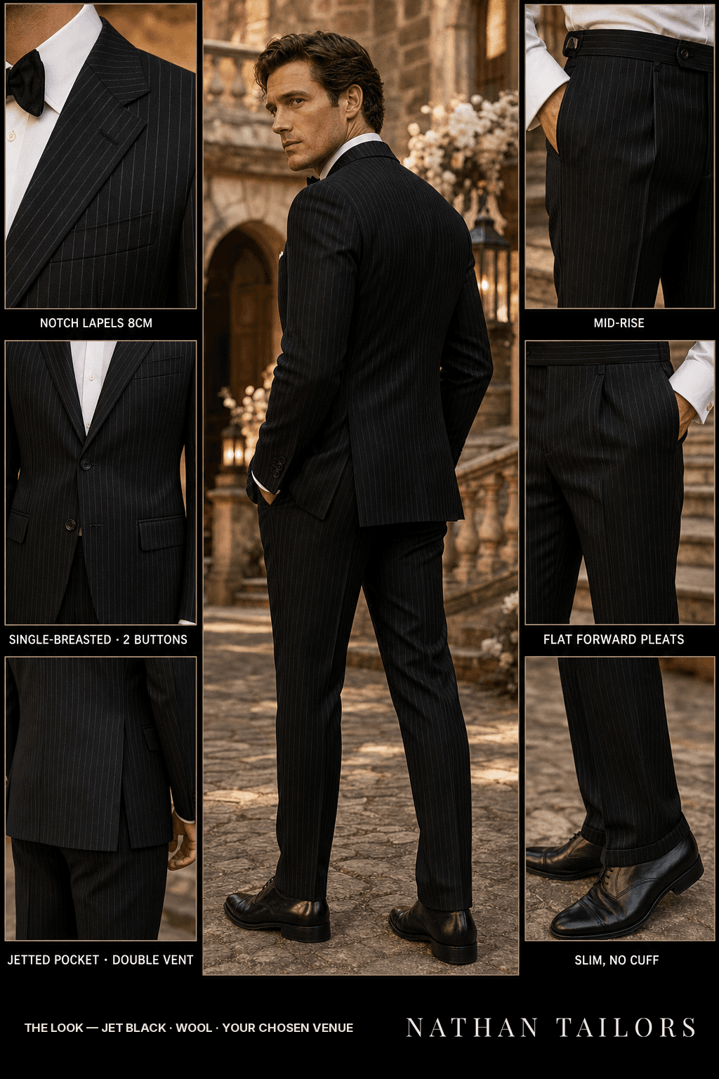jet black pinstripe single-breasted bespoke suit — custom tailored by Nathan Tailors, the Hoi An custom tailor